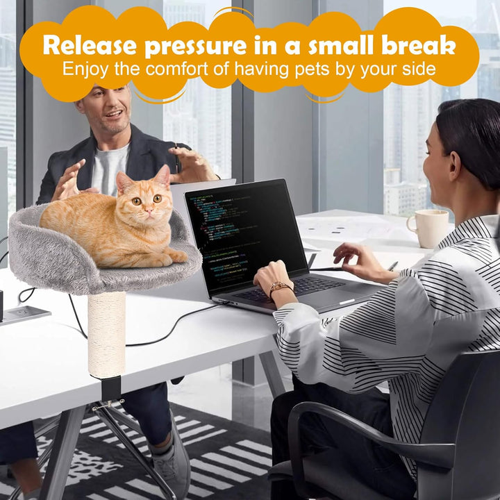 Hivexagon Katzen-Schreibtischbett mit Kratzsäule und weicher Plüschpolsterung. Ermöglicht Ihrer Katz