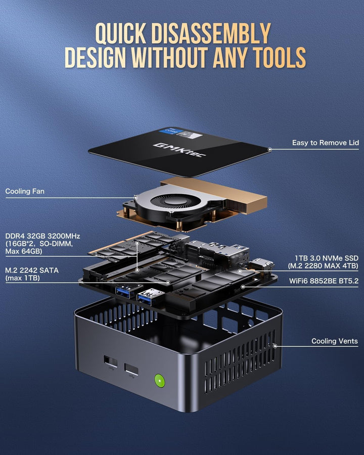 GMKtec Mini PC mit Intel Core i7-1185G7 (bis zu 4,8 GHz), 16 GB DDR4, 1 TB SSD, Desktop-Mini-Compute