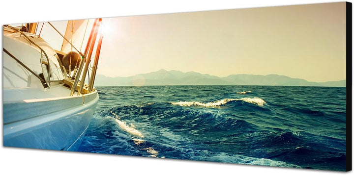 Paul Sinus Art Panoramabild auf Leinwand und Keilrahmen 120x40cm Meer Segelboot Yacht Sonnenuntergan