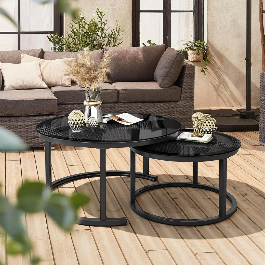 Hawthyhome 2 Stücke Beistelltisch Set rund, Couchtisch aus Glas mit Metallrahmen,Moderne Kaffeetisch