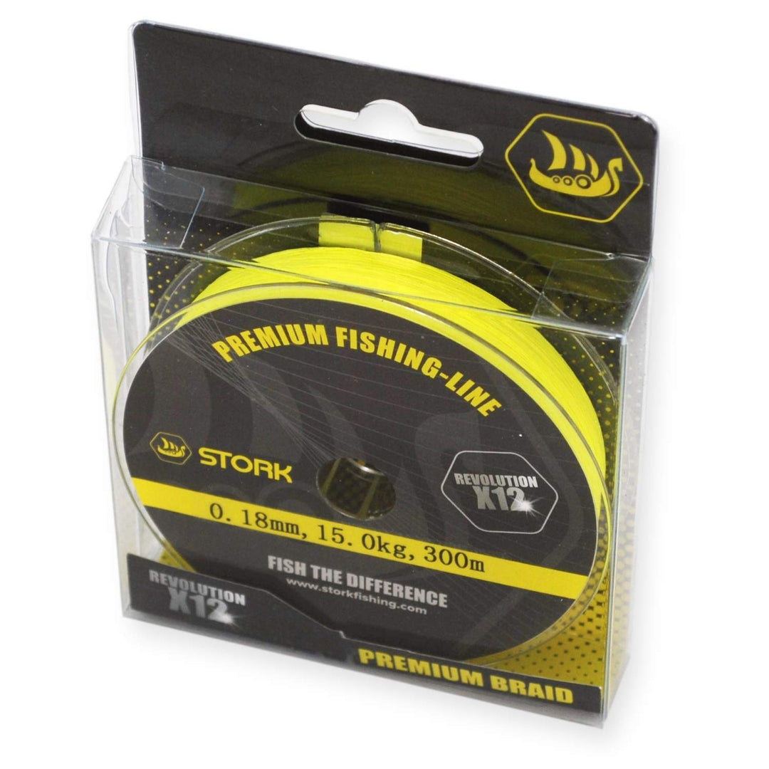 Stork Revolution, 12-Fach geflochtene Premium Angelschnur 300m Gelb 15 kg / 0.18 mm, Gelb 15 kg / 0.