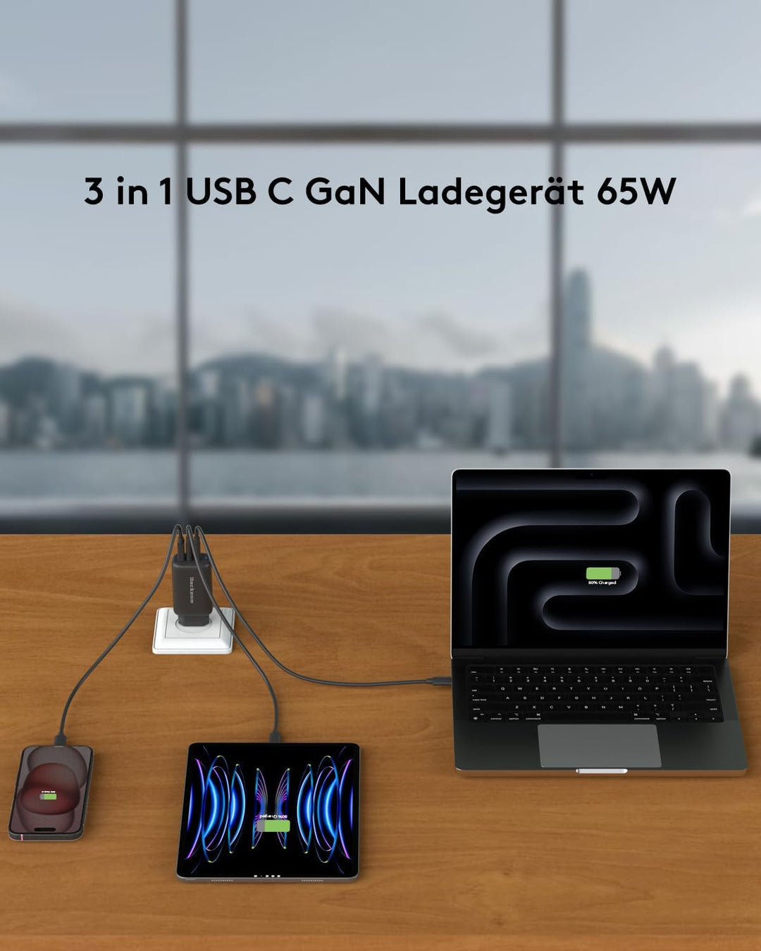 Qackenm GaN USB C Ladegerät 65W, 3-Port USB C Netzteil, PPS Schnellladegerät für MacBook Pro/Air, iP