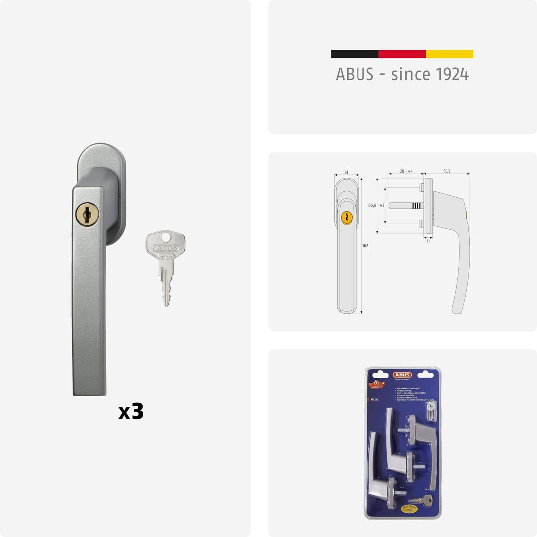 ABUS Abschliessbarer Fenstergriff FG210 AB210 - 3er Set - Fensterknauf mit Druckzylinder, gleichschl