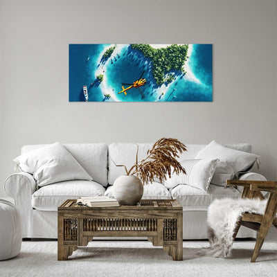 ARTTOR Bilder auf Leinwand 100x40cm Leinwandbild Hubschrauber Ozean Insel Paradies Gross Wanddeko Bi