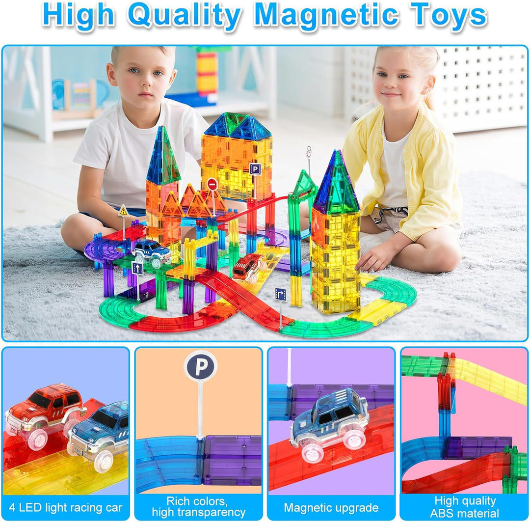 193Pcs Orbital Magnetbausteine 3D Magnetspielzeug, Magnetisches Bauspielzeug mit LED Rennwagen, Magn