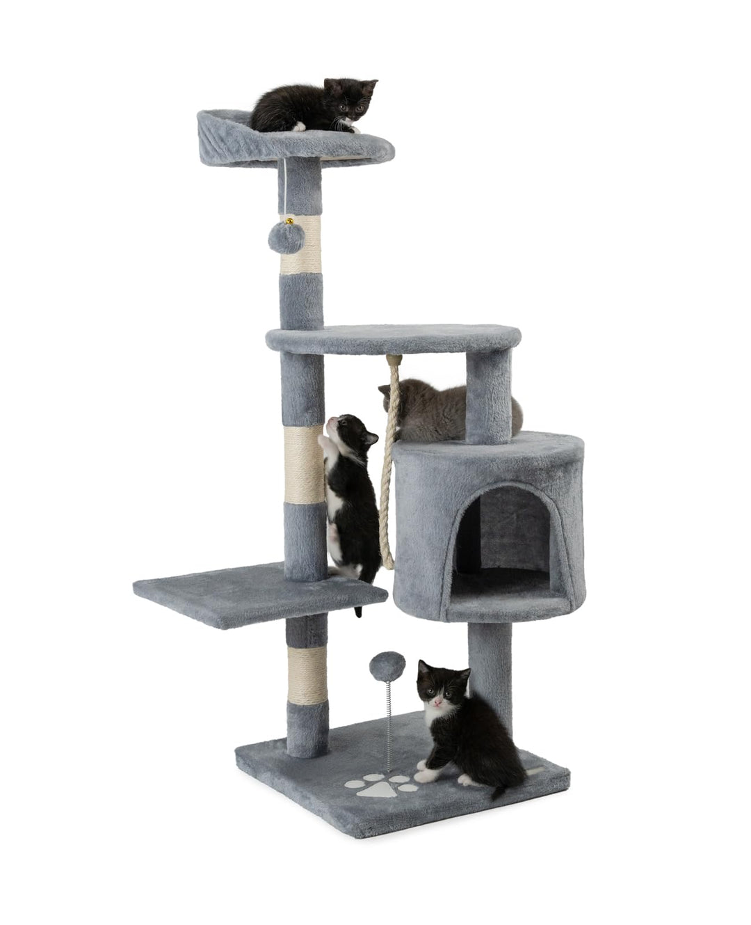 lionto Kratzbaum für Katzen mit 2 Plüschbällen & Spielseil, Höhe 112 cm, Katzenbaum mit Sisalseil &