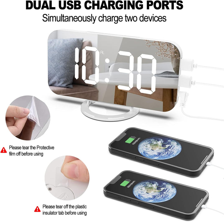 ThreeH Digitaler Alarm mit Dual-USB-Ladegerät Einstellbare Helligkeit Dimmer Snooze LED-Anzeige Weck