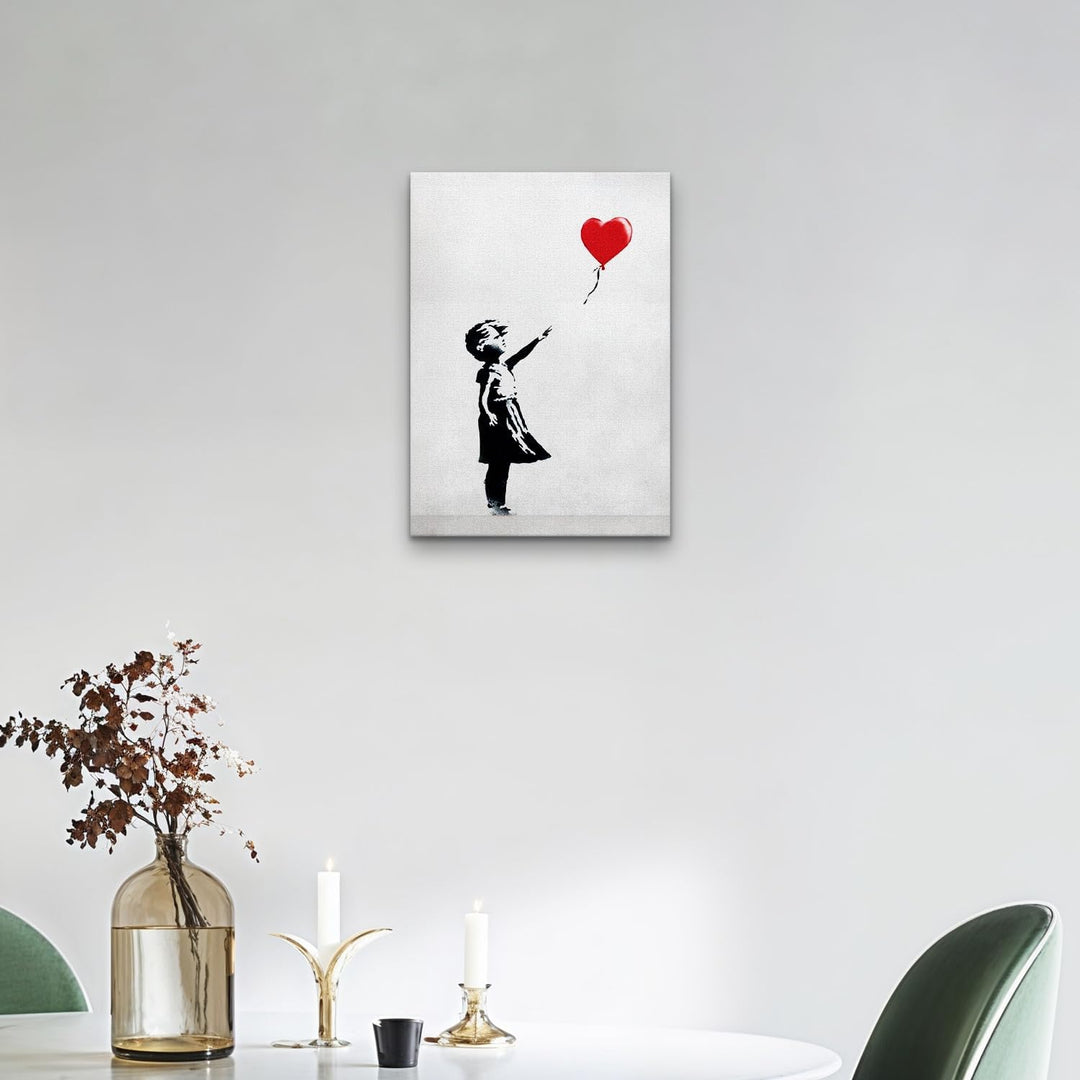 Giallobus - Gemälde - Banksy - - Standardleinwand - 50x70-07 - Baby Mädchen roter Herzballon - Berei