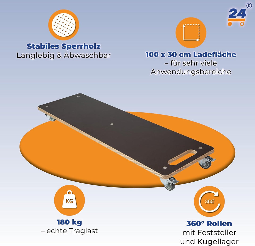Lastenmeter – Transportroller 100x30 cm – 180 kg Traglast – 5 kugelgelagerte 360° Rollen, 2 mit Fest