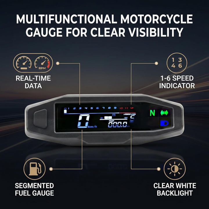 Shkalacar Motorrad Digitaler Tachometer, Drehzahlmesser mit 1-6 Gang LCD Display, Blinker, Hintergru