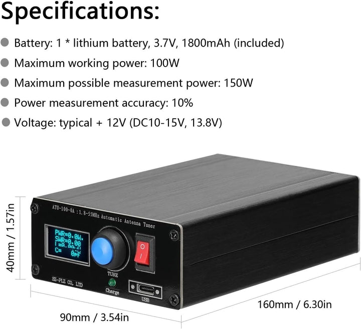 Automatischer ATU-100 Mini Antennentuner 0,96" Display USB Ladefunktion Radiotuner 1,8-55 MHz