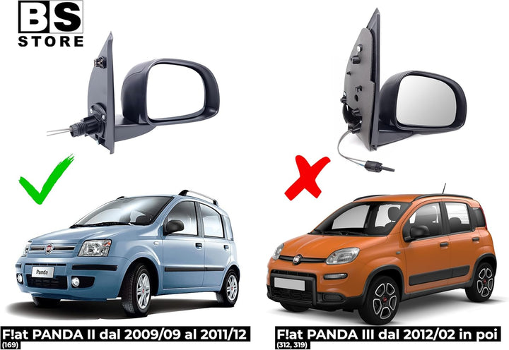 BSSTORE Aussenspiegel Schwarz für F!at Panda von 2009 bis 2011 (169) mit Manueller Verstellung (Rech