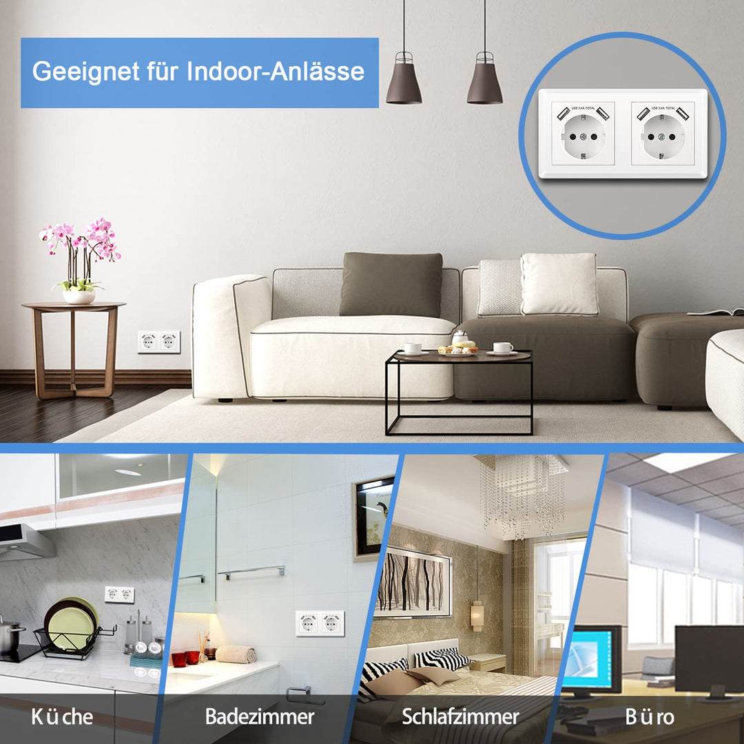 Kaifire Doppelsteckdose mit USB Anschluss, Schuko USB Steckdose System 55 Reinweiss Komplett-Set ink