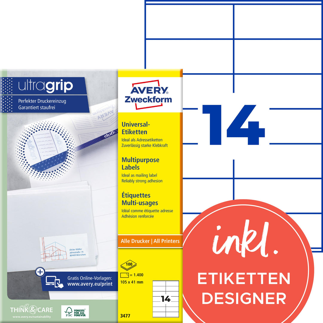 AVERY Zweckform 3477 Adressaufkleber (1.400 Klebeetiketten, 105x41mm auf A4, Papier matt, individuel