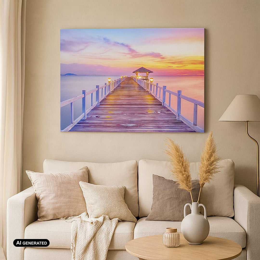 Bilder auf Leinwand Sonnenuntergang Wasser Brücke Horizont Leinwandbild 70x50cm Wandbilder Dekoratio