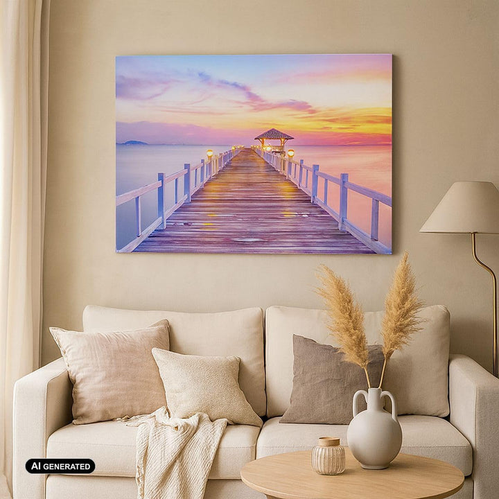 Bilder auf Leinwand Sonnenuntergang Wasser Brücke Horizont Leinwandbild 70x50cm Wandbilder Dekoratio