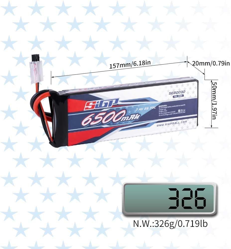 SIGP 2S 7.4V Lipo Battery 6500mAh 70C Soft Case with Deans TRX Plug for RC Car Truck Boat Vehicles T