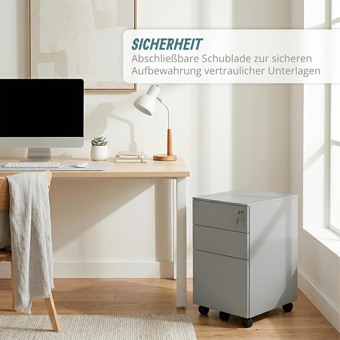 Relaxdays Rollcontainer, 3 Schubladen, HxBxT: 60 x 39 x 52 cm, abschliessbar, Aktenschrank auf Rolle