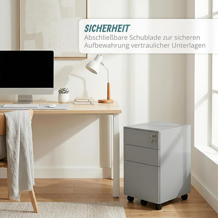 Relaxdays Rollcontainer, 3 Schubladen, HxBxT: 60 x 39 x 52 cm, abschliessbar, Aktenschrank auf Rolle