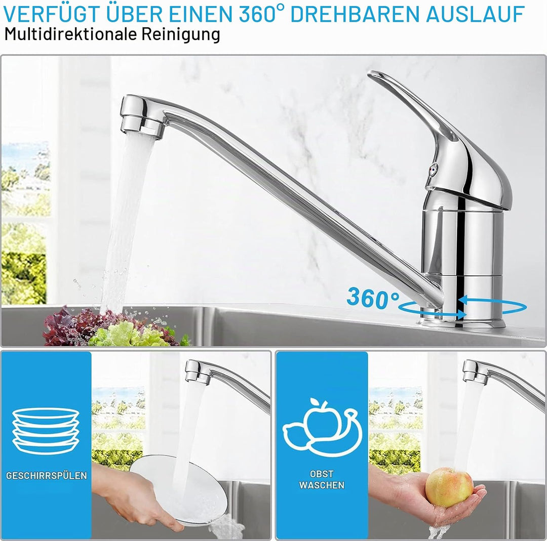 BONADE Küchenarmatur aus Messing, Waschbeckenarmatur, verchromt, Küchenarmatur, 360 ° drehbar, Spült