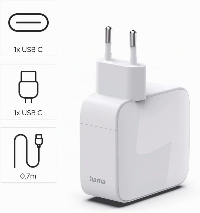 Hama GaN-Schnellladegerät, 30 W, 2X USB-C, ausziehbares USB-C-Kabel, Power Delivery, PD, USB-C-Ladeg