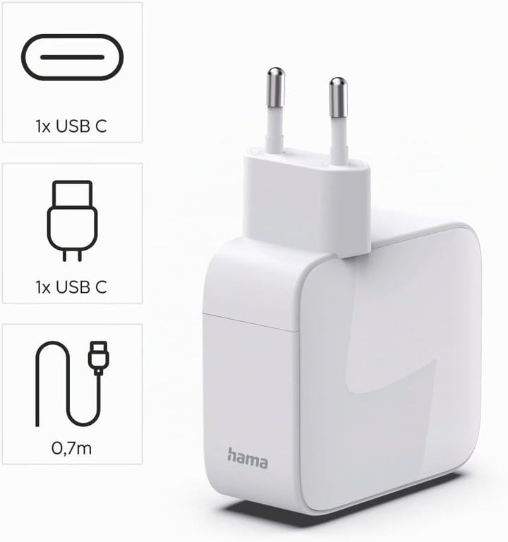 Hama GaN-Schnellladegerät, 30 W, 2X USB-C, ausziehbares USB-C-Kabel, Power Delivery, PD, USB-C-Ladeg