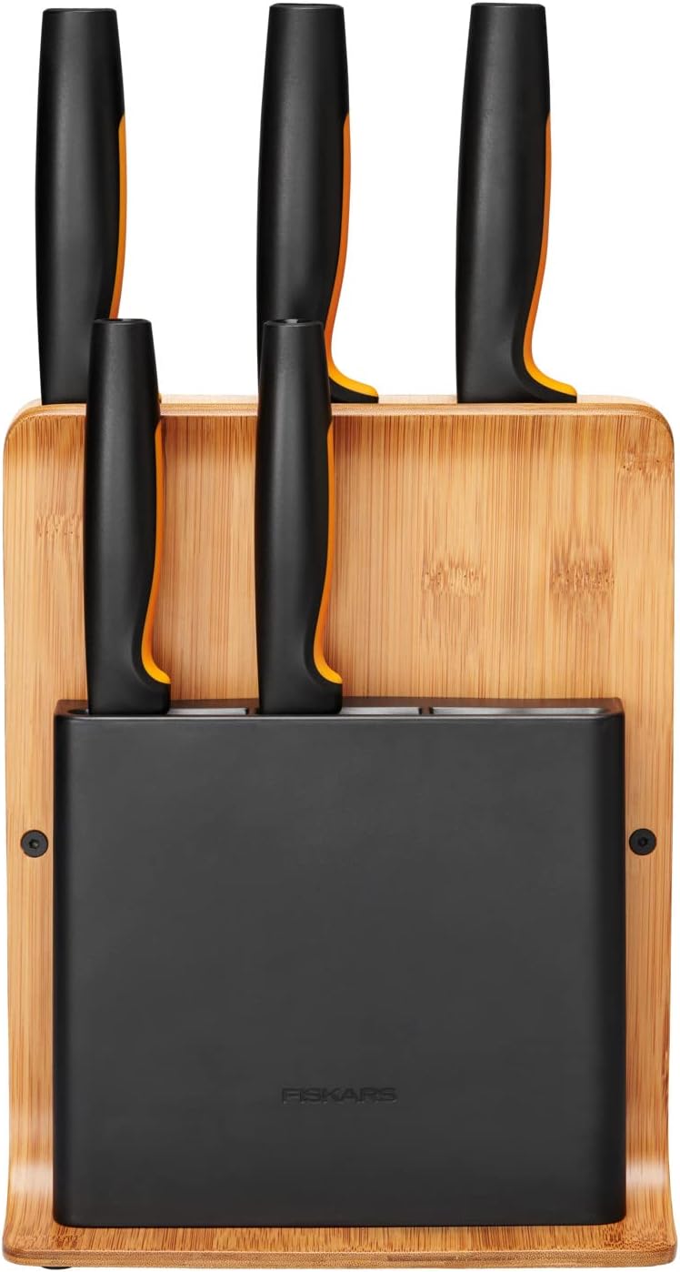 Fiskars Bambus Design-Messerblock mit 5 Messern, Functional Form, Inklusive Gemüsemesser, Tomatenmes