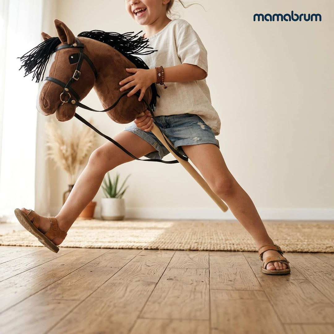 mamabrum Hobby Horse Braun Steckenpferd Kinder 68 cm | Steckenpferd mit Holzstab, verstellbarem Zaum