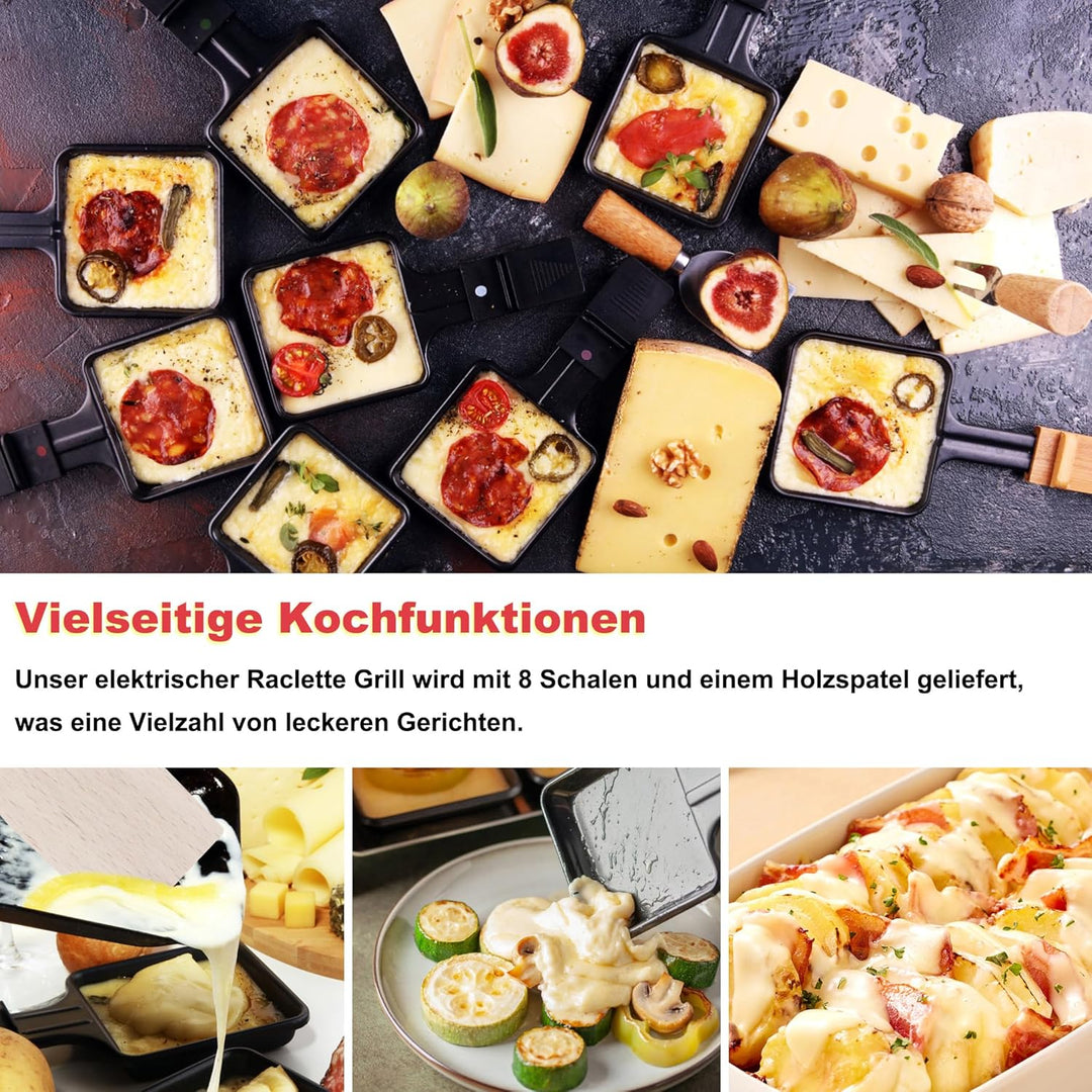 Raclette Grill für 8 Personen, Elektrischer Tischgrill 1400W, Antihaft-Racletteplatte, inkl. 8 Pfänn
