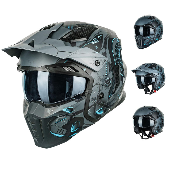 ILM Helm Motorrad Motocross Herren Damen Vintage Retro mit Visier ECE Model Z302,SciFiBlau,S S SciFi