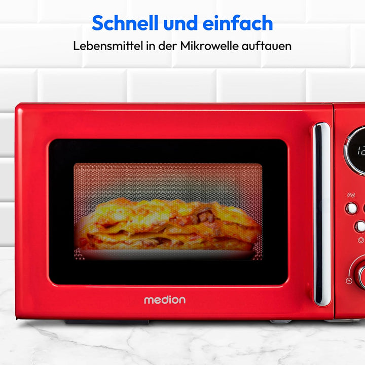 MEDION Retro Mikrowelle klein (20 Liter, ca. 800 Watt, 5 Mikrowellenstufen, 8 Automatikprogramme, Di