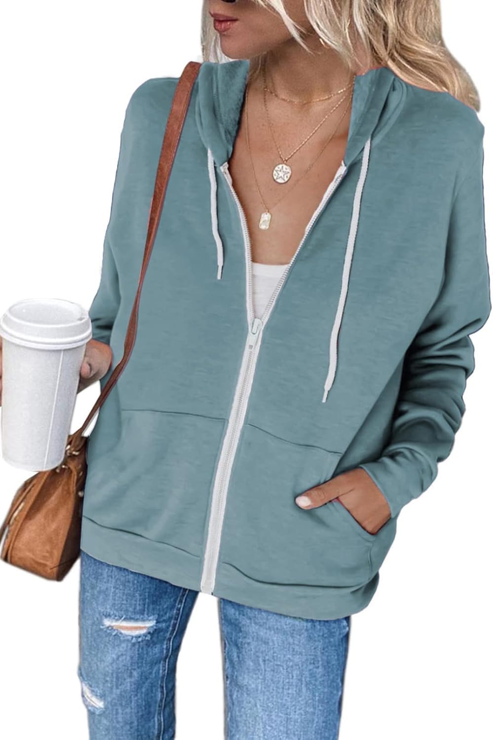 Maavoki Damen Zip Hoodie Langarm Kapuzenpulli Fleece Outwear Jacken Herbst Winter Sweatjacke A-hellb