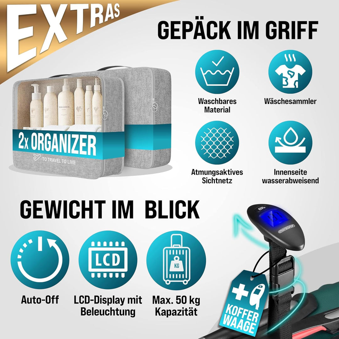 MONZANA® 4tlg Kofferset Schloss Organizer Kofferwaage Gurt Gel-Griffe Zwillingsrollen Standfüsse Tro