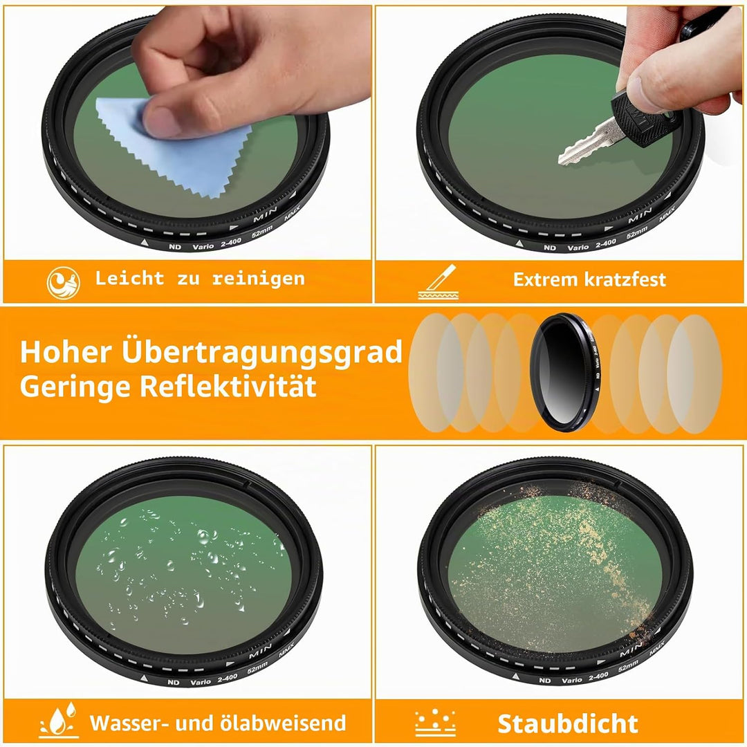 Variabler ND2-ND400-Filter, 52 mm, ultradünn, mehrfach beschichtet, verstellbar, Neutraldichtefilter