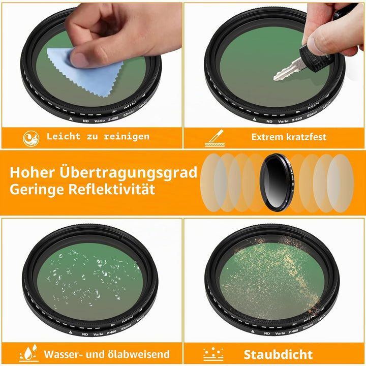 Variabler ND2-ND400-Filter, 52 mm, ultradünn, mehrfach beschichtet, verstellbar, Neutraldichtefilter