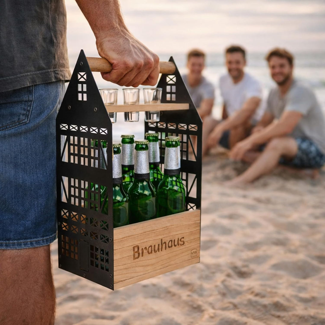 UNUS Brauhaus Bierträger für 6 Flaschen aus Bambus und Metall mit Schnapsglashalter Fachwerkoptik in