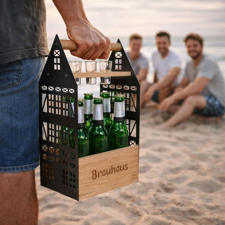 UNUS Brauhaus Bierträger für 6 Flaschen aus Bambus und Metall mit Schnapsglashalter Fachwerkoptik in