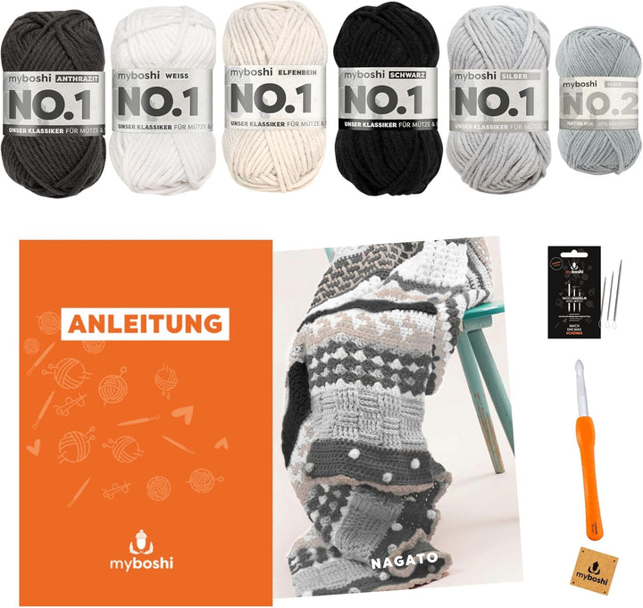 myboshi Häkelset Decke Nagato, inkl No.1 Wolle, Häkelnadel und Anleitung, Häkelpaket, 30% Merinowoll