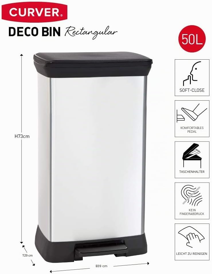 Curver Deco Bin Abfalleimer, Plastik, Silber Metallic, 39 x 29 x, Einzelbett