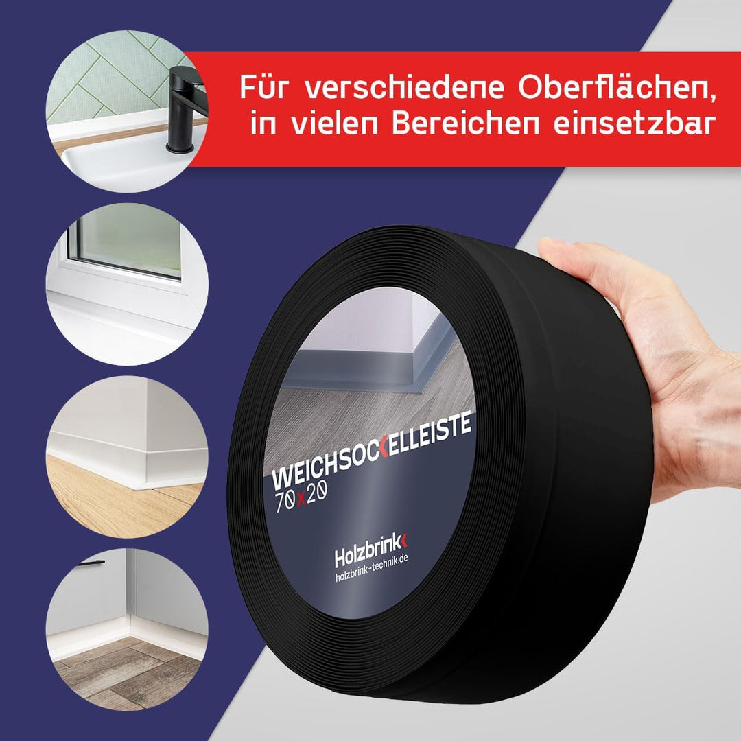 HOLZBRINK Weichsockelleiste Schwarz Knickleiste ohne Klebestreifen, Material: PVC, 70x20mm, 25 Meter