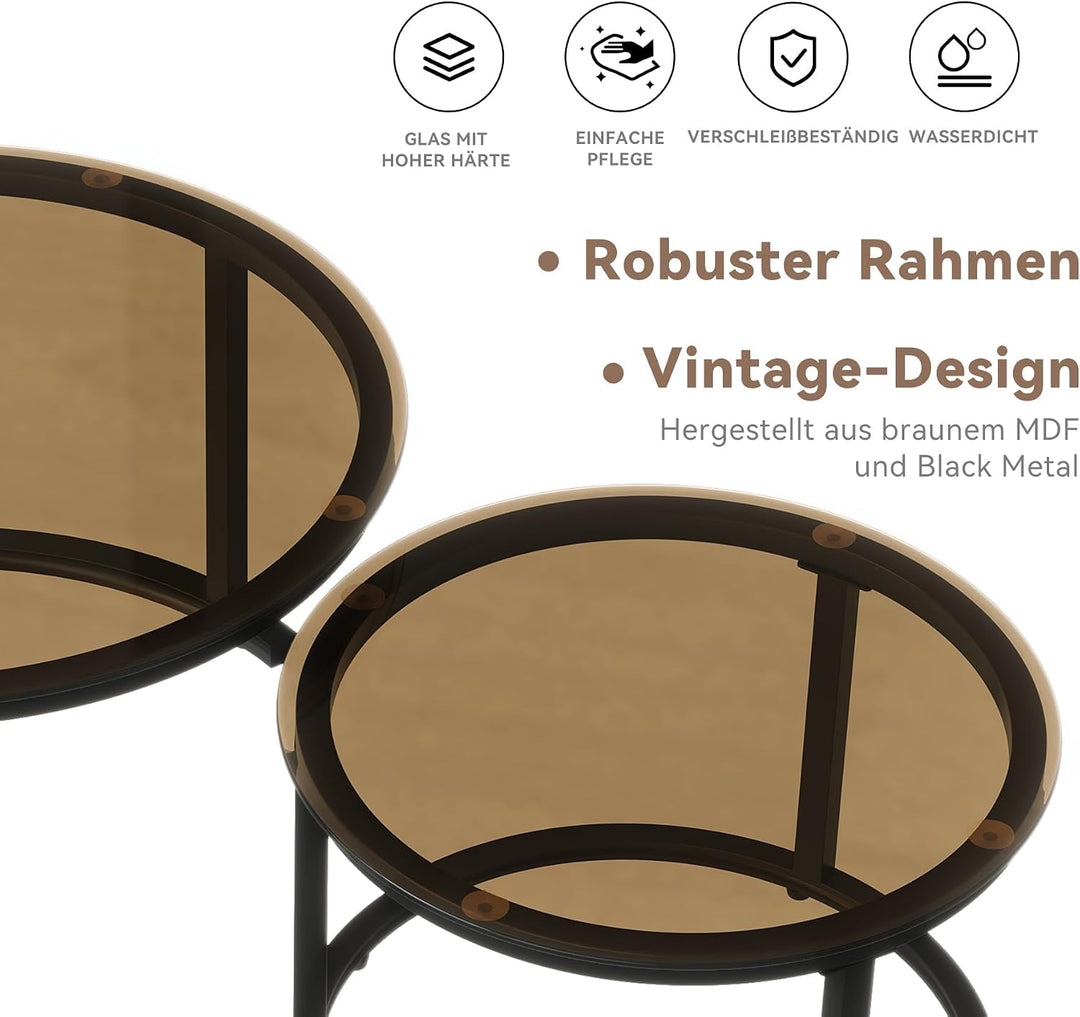 Hawthyhome 2 Stücke Beistelltisch Set rund, Moderne Kaffeetische, Couchtisch aus Glas mit Metallrahm