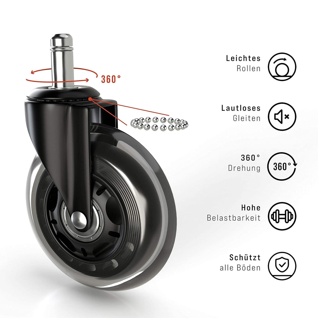 5x Bürostuhl Rollen 10mm leise & kratzerfrei - Universal Schreibtischstuhl Hartbodenrollen ideal für