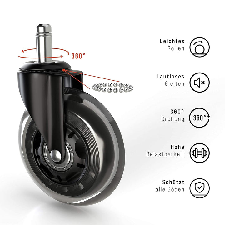 5x Bürostuhl Rollen 10mm leise & kratzerfrei - Universal Schreibtischstuhl Hartbodenrollen ideal für
