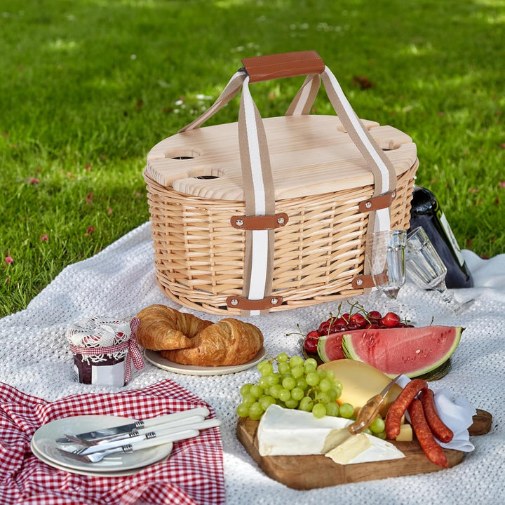 Picknickkorb-Set für 4 Personen – Isolierter Weidenkorb mit klappbarem Weintisch, Picknickset mit In