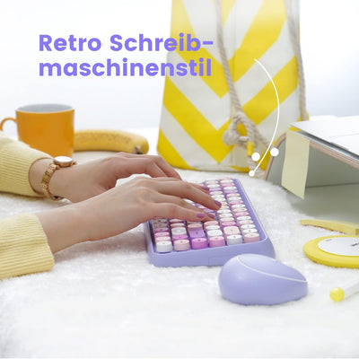 Perixx PERIDUO-713PP Kabellose Mini-Tastatur und Maus-Kombination - Retro runde Tastenkappen- Pastel