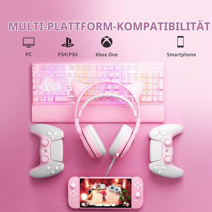 Somic G951S Rosa Gaming-Headset mit Mikrofon, Mädchen Frauen Rosa Katze Ohr-Kopfhörer mit 3,5-mm-Kab