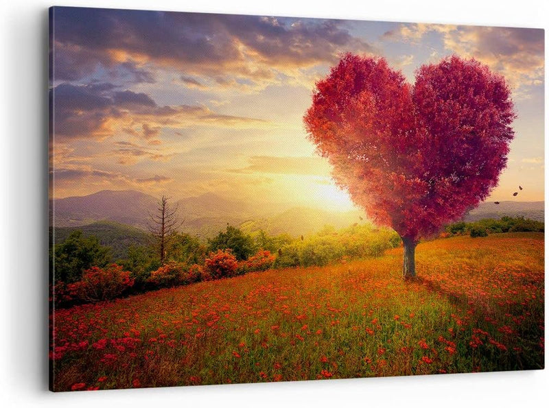 Bilder auf Leinwand 100x70cm Leinwandbild mit Rahmen Baum Wiese Blume Gross Wanddeko Bild Schlafzimm