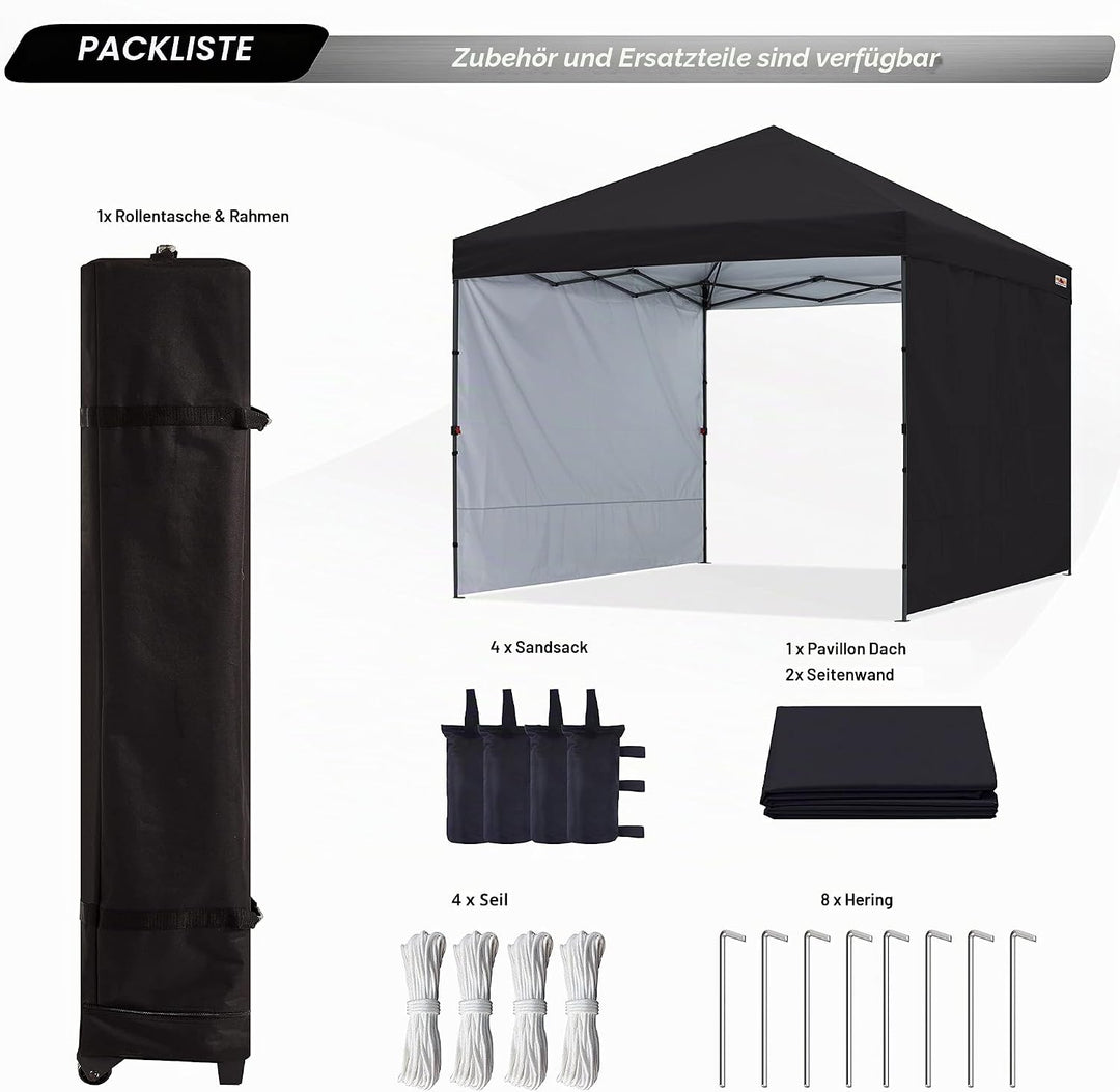 ABCCANOPY Faltpavillon UV50+ mit 2 Seitenwänden, Schwarz 300 cm | 500D Polyester,wasserdicht, 4 Sand