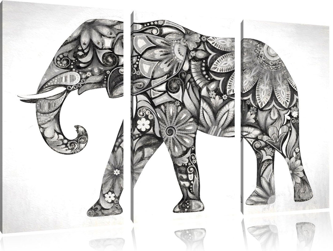 Elefant mit Ornamenten Spezial 3-Teiler Leinwandbild 120x80 Bild auf Leinwand, XXL riesige Bilder fe
