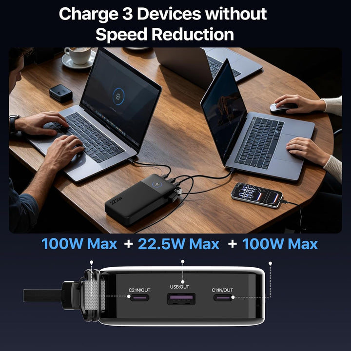 NOBIS 222W 25.000 mAh PD Schnelllade Power Bank mit Lanyard-Kabel | Smart Digitalanzeige, 3 Ausgänge